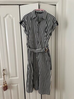 Zara Striped Button-Front Shirt Dress in navy blue and White